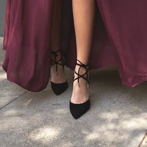 Lace up black suede heels